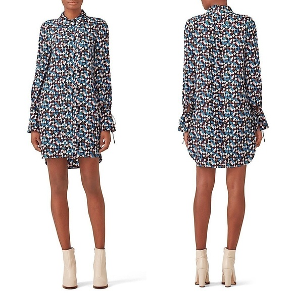 TORY BURCH Silk Mosaic Print Long Sleeve Tie Cuff Button Down Tunic Shirtdress 0 - Picture 6 of 10